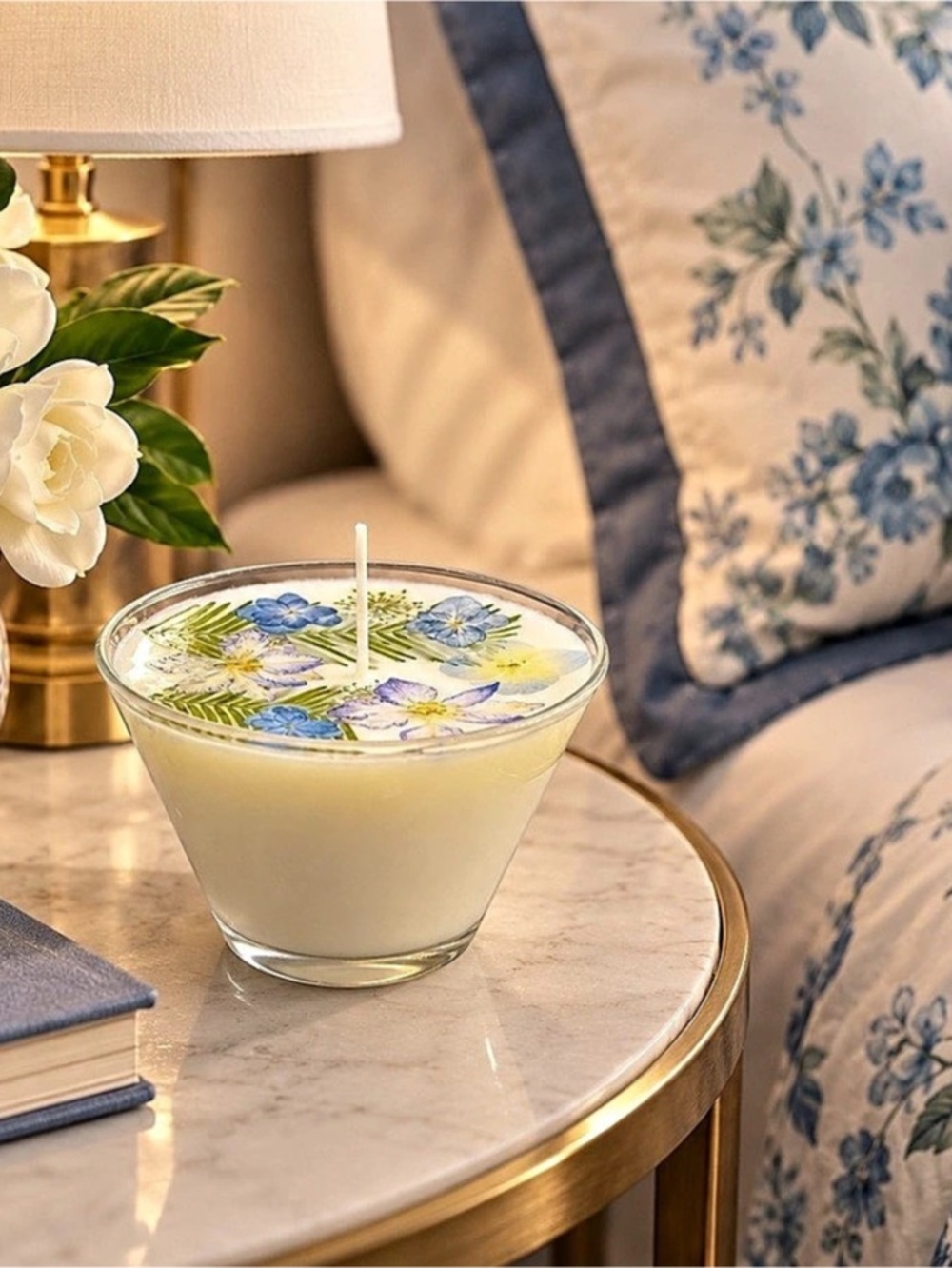 Gardenia Soy Candle with Real Pressed Flowers – Handmade Botanical Candle